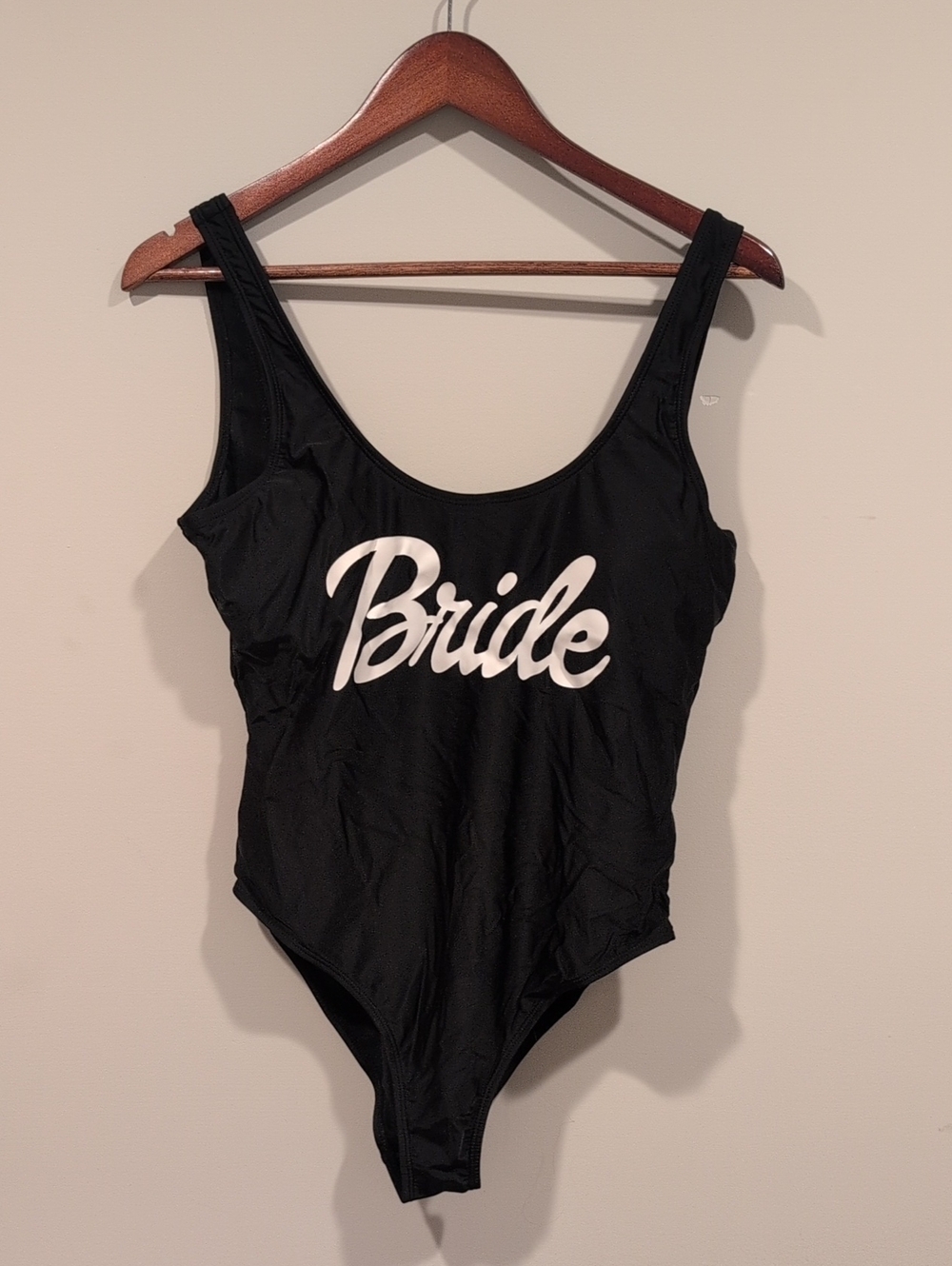 California Waves Black One-Piece Swimsuit with White "Bride" Script